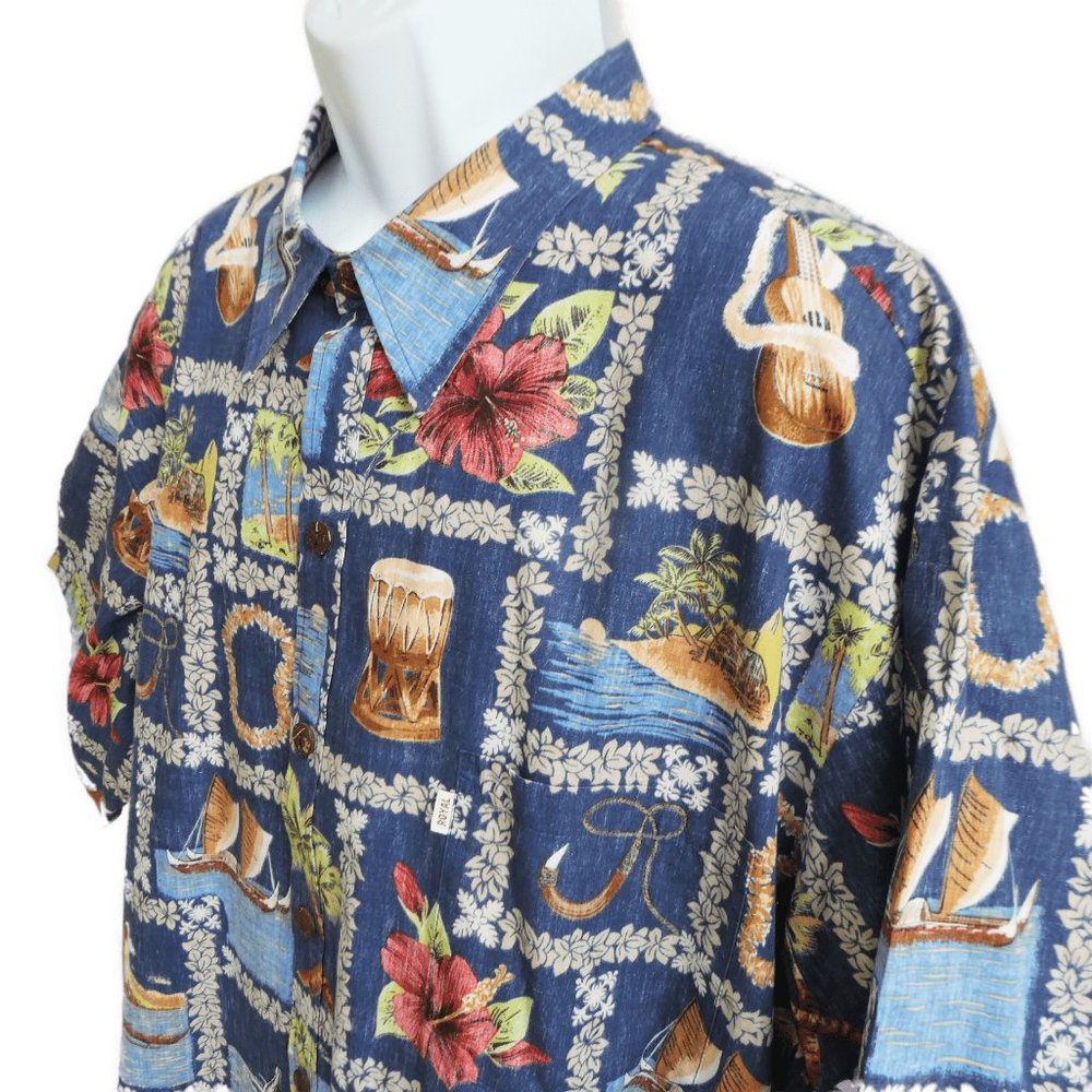 Vintage Paradise Bay Hawaii Aloha Shirt Reverse Print Leis Flowers Bongos 3XL